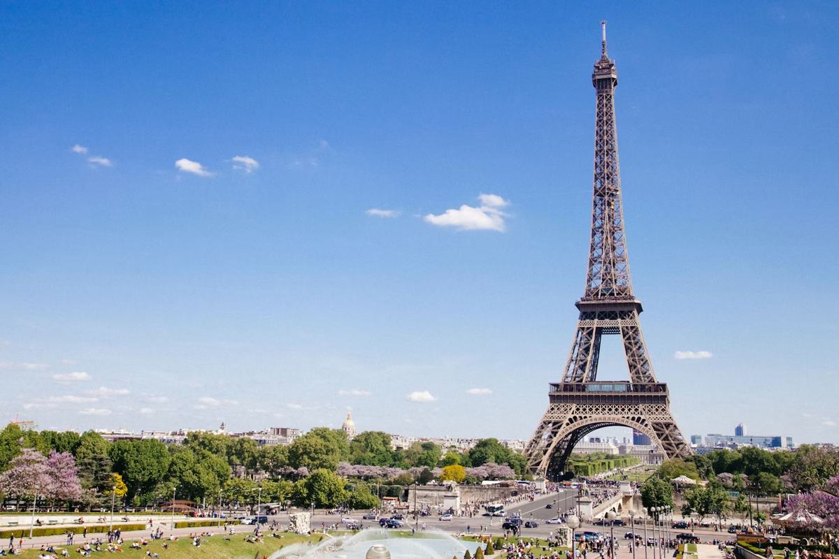 The Eiffel Tower seen from the Trocadéro gardens in Paris