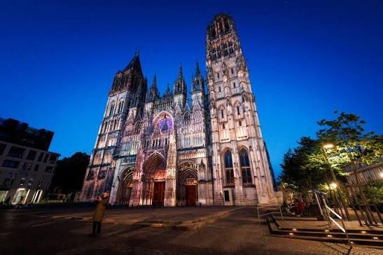 Rouen Cathedral lit up at night