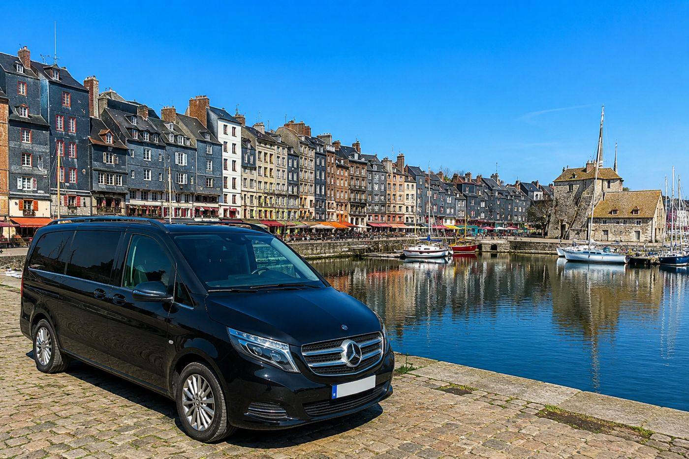 Havre Cruise Excursion van parked by the Vieux Bassin harbour in Honfleur